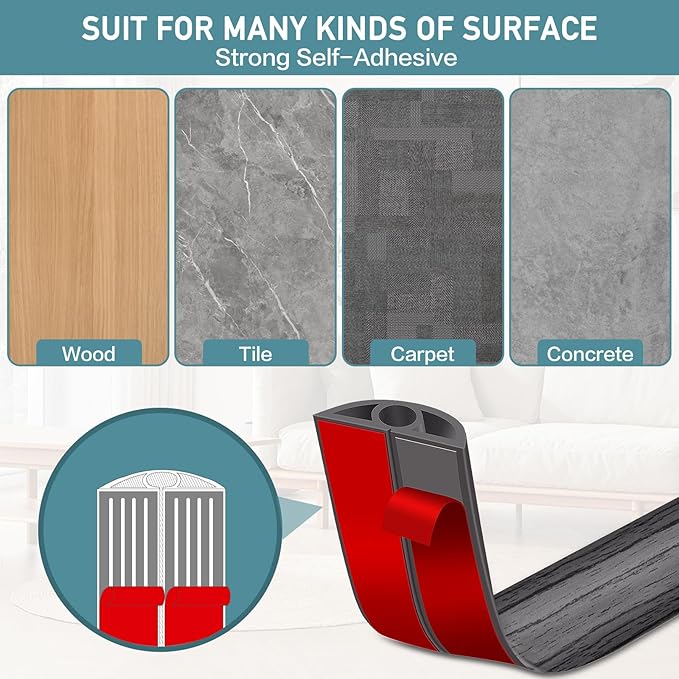 Floor Cord Cover Self Adhesive Cord Hider Floor Extension Cord Covers for Floor Power Cord Protector Cable Management Prevent Cable Trips Cable Cavity 0.32" W x 0.32" H (Deep Grey Wood, 20Ft)