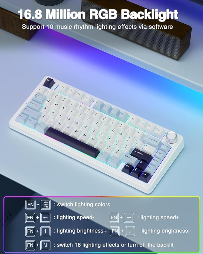 AULA F75 75% Wireless Mechanical Keyboard, Hot Swappable Creamy Keyboard, Pre-lubed Reaper Switches, 2.4GHz/Type-C/BT5.0, RGB Backlit Gaming Keyboards(White & Blue)