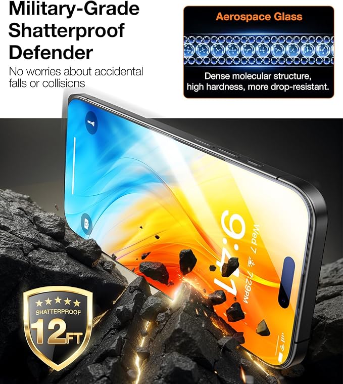 TORRAS Military-grade aerospace glass for iPhone 16 Screen Protector [9H＋Unbreakable from 12-foot Drop,Longest Durable],GlassGo X Glass for iPhone 16,2 Packs