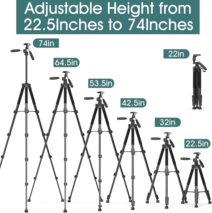 UBeesize 74" Camera Tripod with Phone Holder and Remote, Heavy Duty Tripod Stand with Portable Bag for Phone and Camera, Compatible with DSLR Cameras, Cell Phones, Spotting Scopes and Binoculars