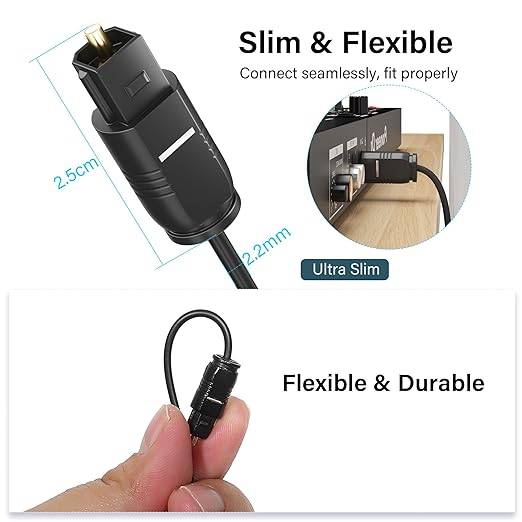 Adoreen Ultra-Thin Slim Digital Optical Audio Cable 15FT, Fiber Optic SPDIF Toslink Cord Gold-Plated High-Speed Flexible & Durable for TV Soundbar Home Theater Game Console PS4 Xbox Samsung +Ties