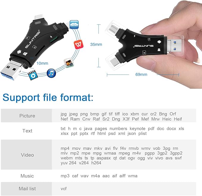 SD Card Reader for iPhone/ipad/Android/Mac/Computer/Camera,4 in1 Micro SD Card Reader Trail Camera Viewer, Portable Memory Card Reader SD Card Adapter for SD and TF Cards(Black)