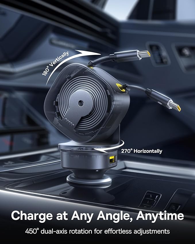 Baseus 163W Retractable Car Charger USB C Fast Charging, PrimeTrip VR2 Max 4 in 1 Fast Car Charger with Dual Retractable USB C Cable for iPhone 16 15 14 Pro Max, Samsung Galaxy S25 Ultra, Android