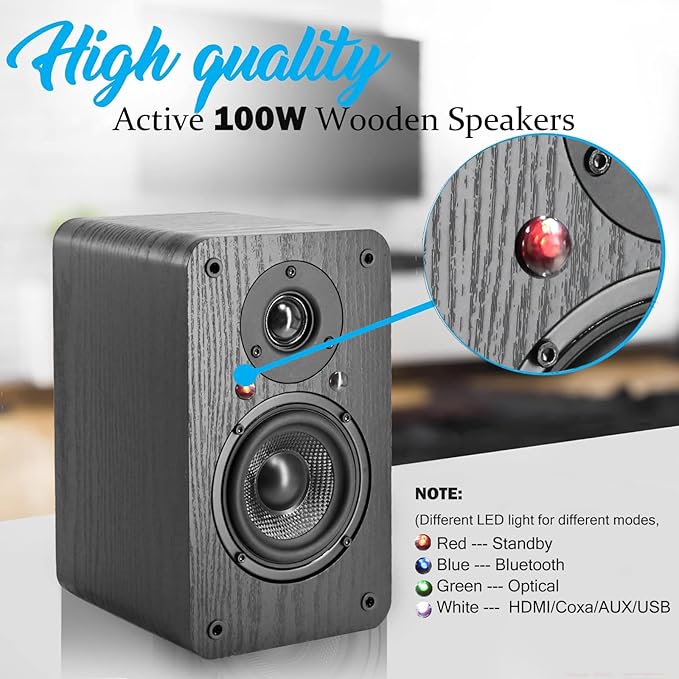 LONPOO Powered Bookshelf Speaker, Active Near Field Studio Monitor with 4" Caron Fiber Woofer and 1" Silk Domed Tweeter,100 Watts RMS with eARC, Optical, Coaxial, Wireless Bluetooth Streaming,Aux-in