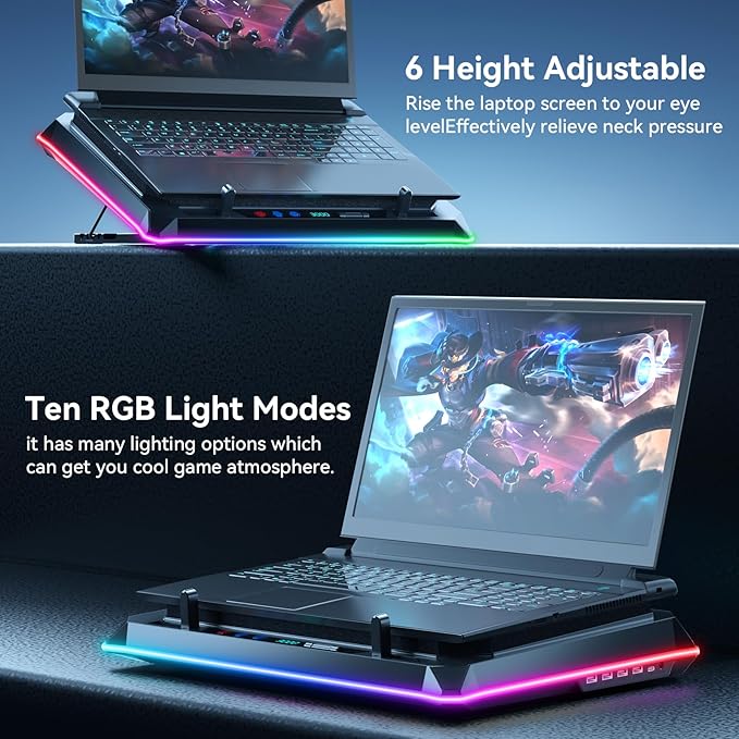 ICE COOREL Gaming Laptop Cooling Pad with Powerful Turbofan, Laptop Fan Cooling Pad for Laptop 15-21 Inches, RGB Laptop Cooler Stand with 8 Height Adjustable, Infinitely Variable Speed, LCD Screen