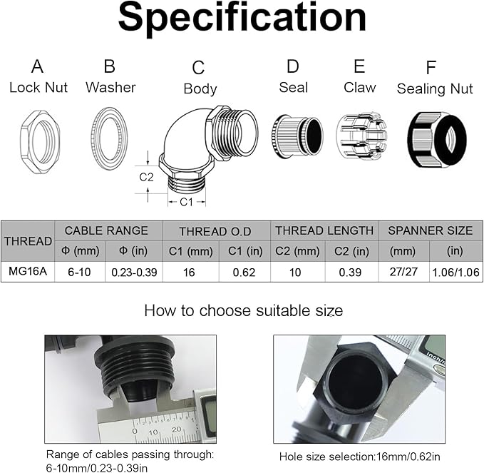 LeMotech M16 Cable Gland, 90 Degree Adjustable 6-10mm Strain Relief, Cord Connectors Nylon Joints with Gaskets, 2 Pcs, Black
