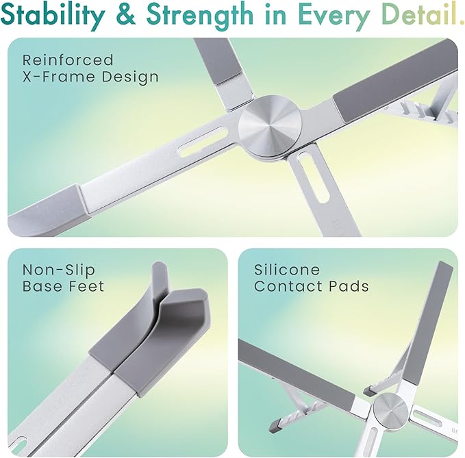 BELLEMOND | X-Shape Laptop Stand – Adjustable Aluminum Riser, 5 Height Levels, Lightweight & Foldable, Ventilated, for Laptops and Tablets up to 17.3" | Space Silver