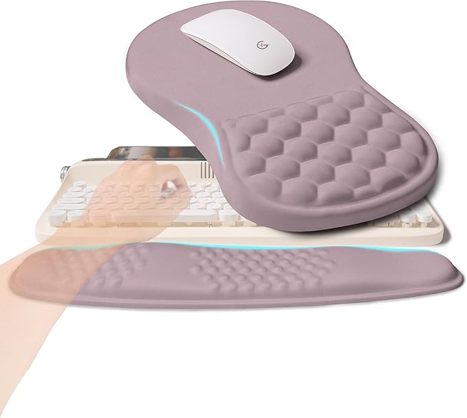2-in-1 Ergonomic Set, Wave Rise Keyboard Wrist Rest and Massage Bulge Slope Mouse Pad Wrist Support, Cushion Memory Foam Integrated to Relieve Wrist Pain, Purple
