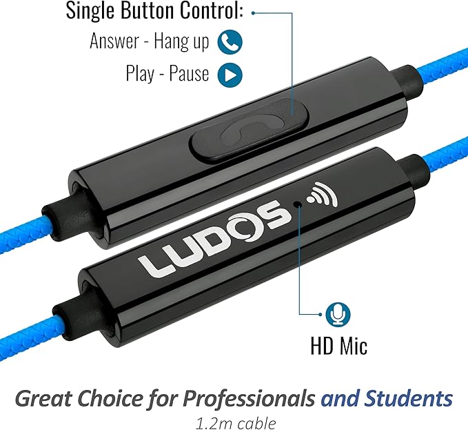 LUDOS Clamor Wired Earbuds in-Ear Headphones, 5 Years Warranty, Earphones with Microphone, Noise Isolating Ear Buds, Memory Foam for iPhone, Samsung, School Students, Kids, Women, Small Ears - Blue
