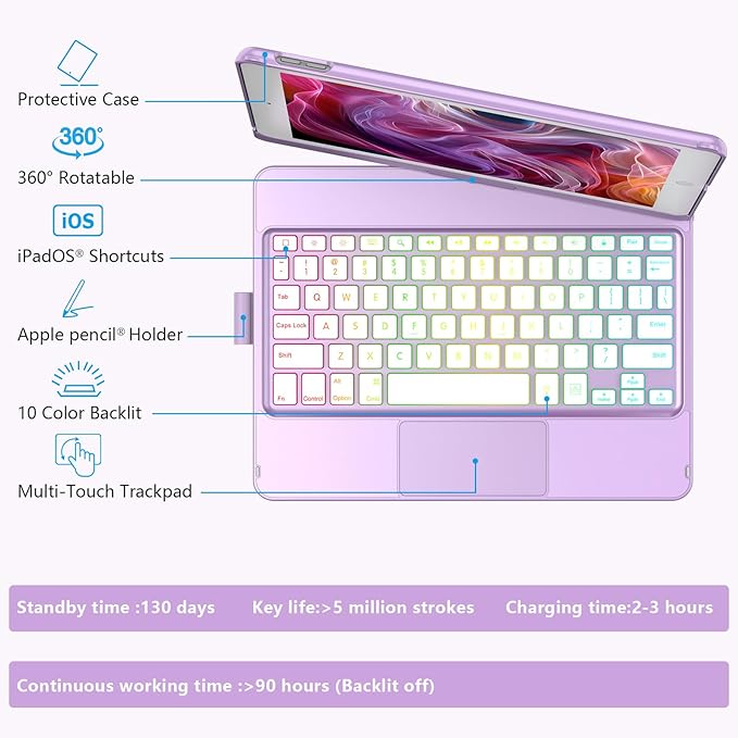 HOTLIFE Case with Keyboard for iPad 10.2,Touch Trackpad Keyboard Case for iPad 9th Generation/8th/7th Gen, 10 Corlor Backlit - 360° Rotatable Protective Cover with Pencil Holder