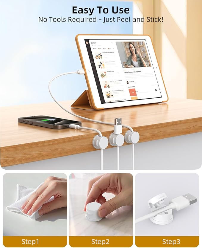 Cord Organizer, Rotatable Cable Organizer 8 Pack, No-Residue Adhesive Spring Cable Clips, Cord Holder for Nightstand, Kitchen, Office Accessories and Car (White)