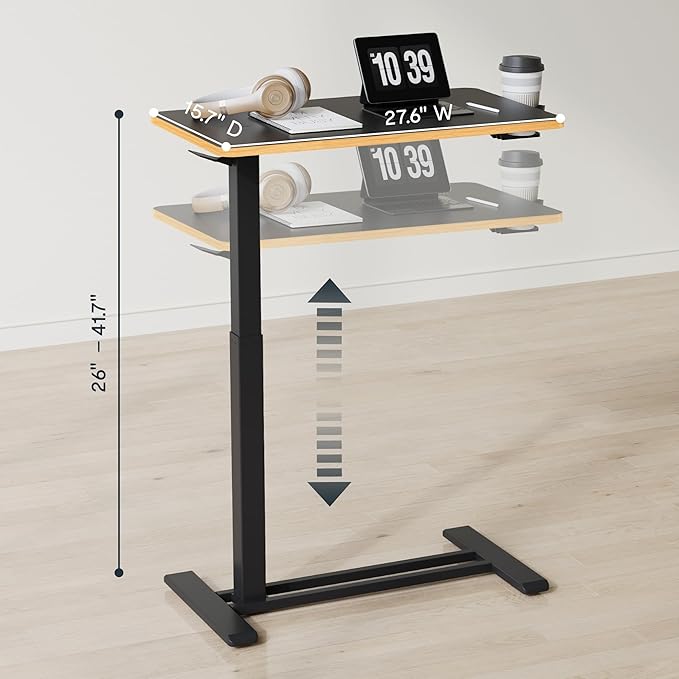 FLEXISPOT Mobile Standing Desk with Wheels Pneumatic Laptop Desk Rolling Computer Cart Movable Height Adjustable Small Sit Stand Desk Computer Workstations Home Use（27.6" W x 15.7" D, Black+Maple