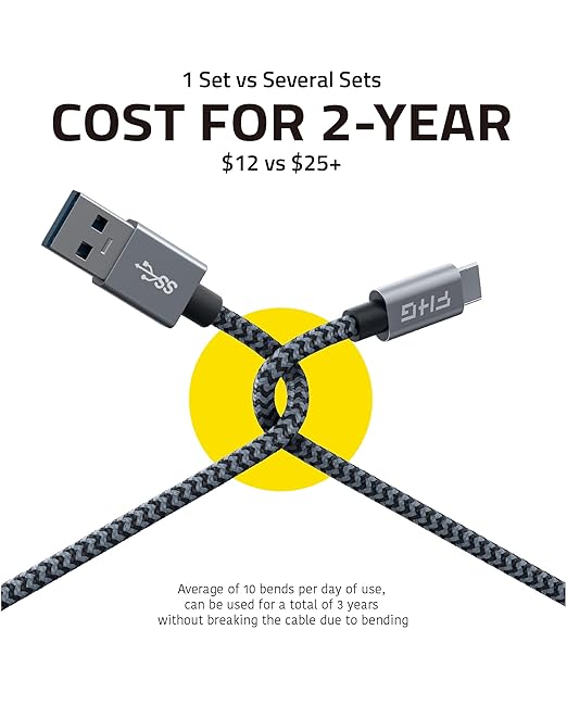 FHG 3.3FT USB 3.0 to USB C Cable 2Pack, High-Speed Transfer of 1GB in 2sec, 3A Fast Charging from 20% to 80% in 35mins, Sturdy Nylon Braided USB Data Cable, Compatible for iPhone 15/Galaxy/Mac/Win