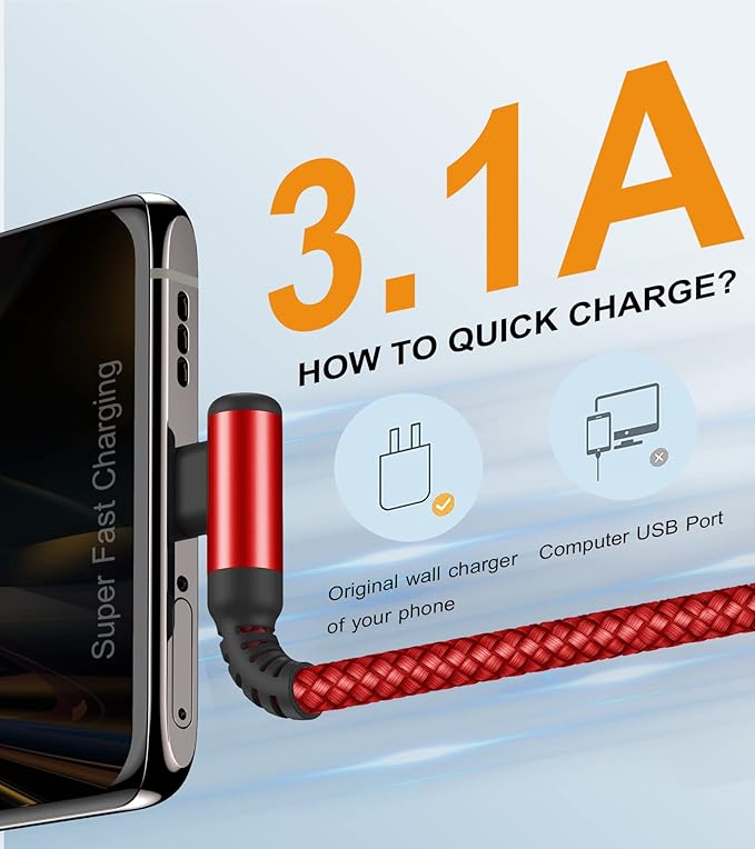 sweguard USB Type C Charger Cable Right Angle [2-Pack,6.6FT] iPhone 16 Charger Nylon Braided Cord for iPhone 15 16 Pro Max Samsung Galaxy S25 S24 S23 S22 S21 S20 S10 S9 Note A15 A55 Flip Pixel LG Moto