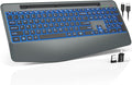 Wireless Keyboard with 7 Colored Backlit, Wrist Rest, Phone Holder, Rechargeable Ergonomic Computer Keyboard with Silent Key, Full Size Lighted Keyboard for Windows, MacBook, PC, Laptop (Gray)