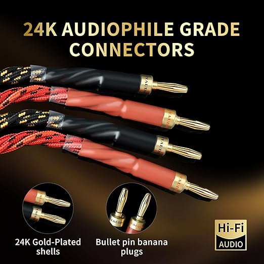 10 AWG Audiophile HiFi Speaker Audio Cable–4N OFC Core,24K Gold-Plated Banana Plugs with Nylon Braid,Compatible with Amplifier,Speakers,AV Receiver & Home Theater(9.84ft/3m) 2-Pack