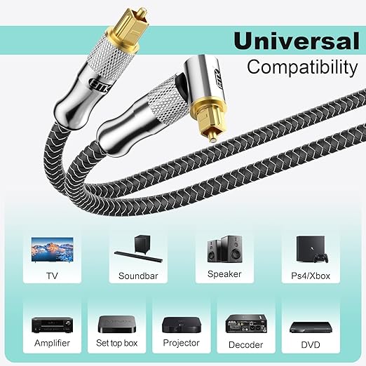 EMK Premium 24K Gold-Plated Right Angle Optical Cable – 90° Toslink to Toslink (5M/15Ft), 360° Rotatable for Soundbars, TVs & Home Theater