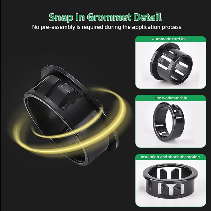 1-3/16"(30mm) Black Snap-in Knockout Insulating Bushing Grommets, Plastic Cable Hole Grommets for Wiring, Round Nylon Snap in Locking Electrical Wire Cord Hose Tubing Bushings Grommets, 15pcs