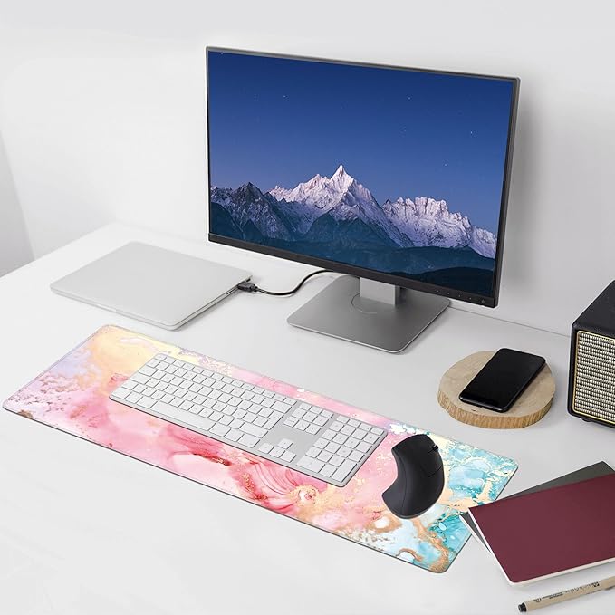 Cute Pink Marble Large Mouse Pad,Gaming Keyboard Desk Pad,Extended Mouse Mat Non-Slip Rubber Base with Stitched Edges for Office Game Home XL 31.5"x11.8"