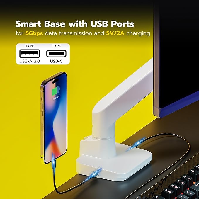 ARES WING Single Monitor Mount with USB A/C, Heavy Duty Monitor Arm for 17 to 49 inch Ultrawide Screen, Holds 44 lbs, Adjustable Gas Spring Arm Desk Mount with Clamp and Grommet Base, White