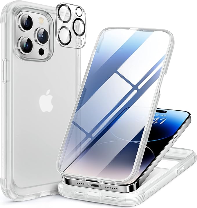 Miracase Glass Series Designed for iPhone 14 Pro Case 6.1 Inch, Upgrade Full-Body Bumper Case with Built-in 9H Tempered Glass Screen Protector, with Camera Lens Protector, Matte Clear