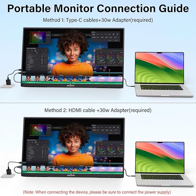 InnoView 23.8" Large Portable Monitor, FHD 144HZ 100% SRGB IPS USB-C HDMI Work Home Gaming Second Monitor 1080P W/180°Adjustable Stand for Laptop, MacBook, Phones