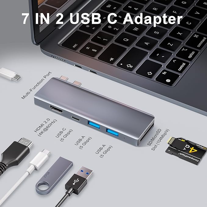 USB C Hub, USB C Adapter, 7 in 2 USB-C Hub for MacBook with Thunderbolt 4, 4K HDMI, Type C, 2 USB A, SD/TF Card Reader, Compatible with MacBook Pro 2016-2024, MacBook Air 2018-2025 (Starlight)