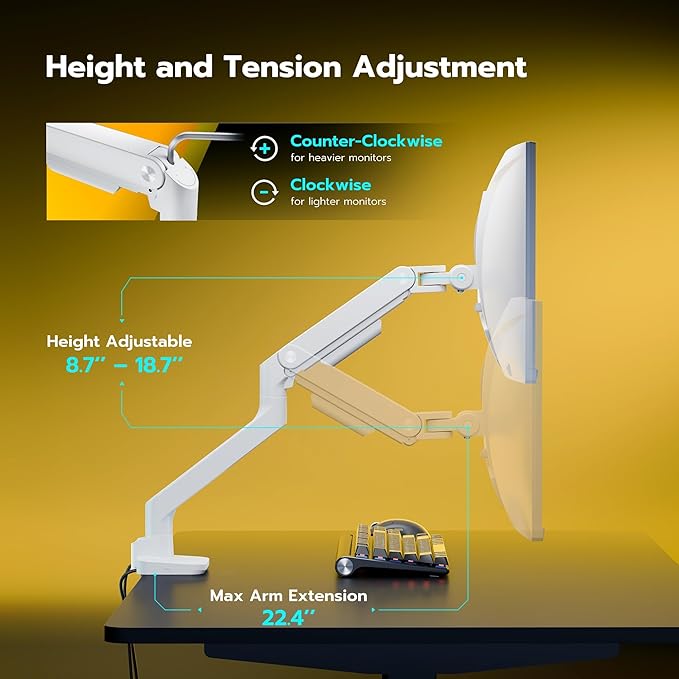 ARES WING Single Monitor Mount with USB A/C, Heavy Duty Monitor Arm for 17 to 49 inch Ultrawide Screen, Holds 44 lbs, Adjustable Gas Spring Arm Desk Mount with Clamp and Grommet Base, White