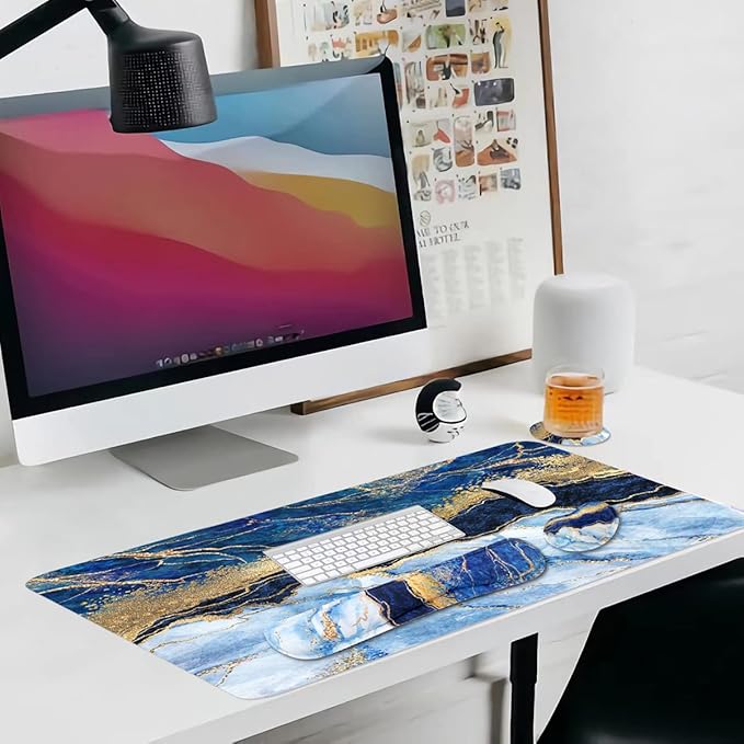 4-in-1 Large Gaming Mouse Pad, Keyboard Wrist Rest Pad & Wrist Support Mousepad Set, Extended Desk Pad Waterproof Desk Mat for Home Office Study Game - Blue Gold Marble