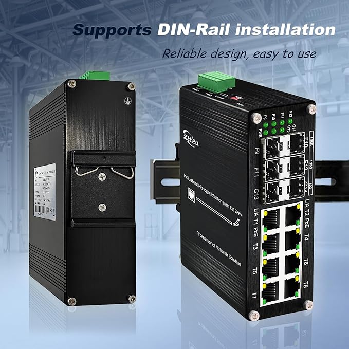 Industrial Managed 10G Ethernet PoE Switch, 2*10G SFP + Slot+4*Gigabit SFP Slot +8*RJ45 Port, PoE Networking Switch Supporting Din-Rail, 48~57VDC Power Input