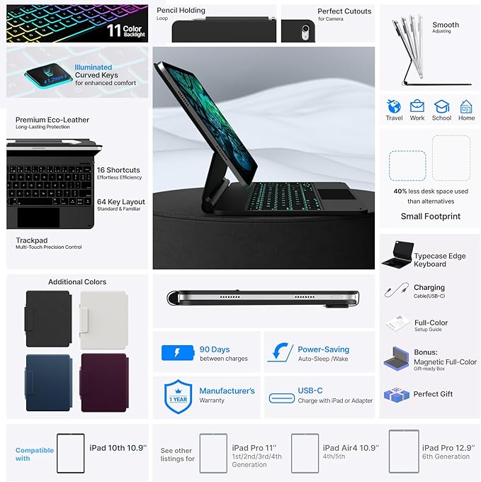 typecase Edge Keyboard Case for iPad 10th Generation 10.9" (2022) – Magnetic Keyboard Case with Multi-Touch Trackpad, 11 Colors Backlight, Pencil Holder, Slim & Lightweight - Dark Black