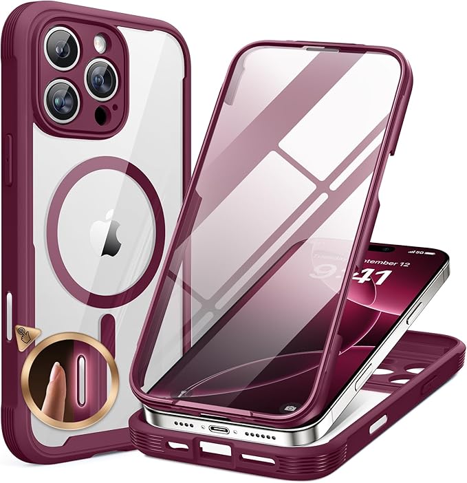 Miracase Magnetic for iPhone 16 Pro Case Full-Body Phone with Built-in Glass Screen Protector, [Compatible with MagSafe] Military Drop Proof 16 Pro Cover Bumper 6.3 inch, Plum