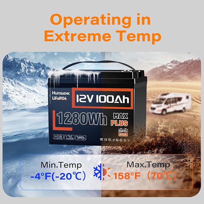 12V 100Ah LiFePO4 Battery MAX PLUS - 110A BMS with Low Temp Cutoff | 15000+ Deep Cycles for RV Solar Marine Trolling Motor | Off-Grid Backup Power Rechargeable Lithium Iron Phosphate Battery