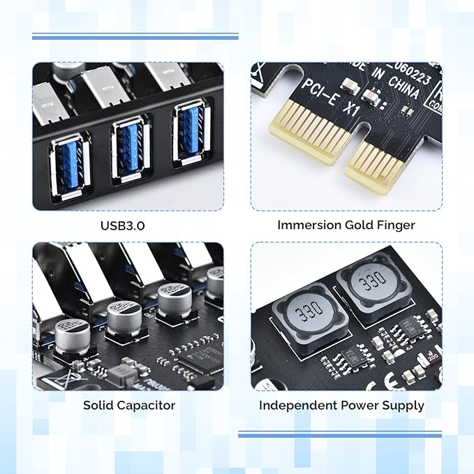 ELUTENG PCIE USB 3.0 Card 7 Ports PCI Expree to USB Expansion Card Super Speed 5Gbps PCI-e USB3 Hub Controller Adapter for Windows 11/10/8/7/XP/Vista