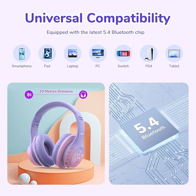 EarFun K4 Kids Bluetooth Headphones, Wireless Headphones with LED Lights, 74/85/94dBA Volume Limited, Built-in Mic, 90H Playtime, Bluetooth 5.4 Over Ear Headphone for iPad/Tablet/School, Violet