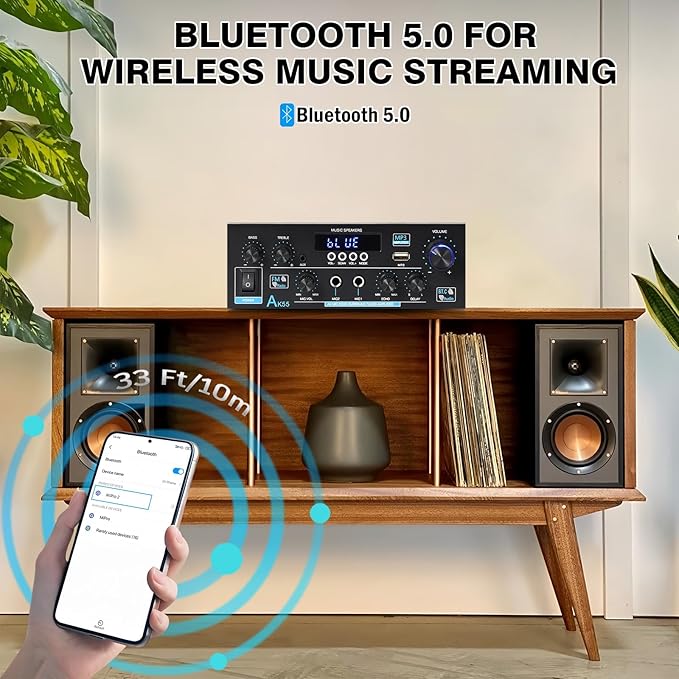 AK55 Bluetooth 5.0 Amplifier Home Audio,2.0 Channel Max 450W Power Stereo Amplifier Receiver w/USB/AUX/RCA/Opt/COA /2 MIC in for Home Theater Speakers