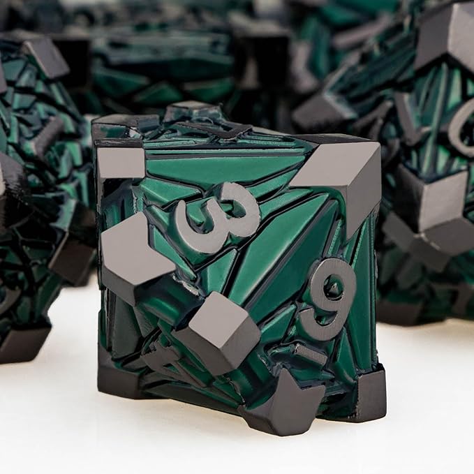 7PCS Metal DND Dice Set with Box, Debris RPG Green D and D Dice for use with D&D Tabletop Games Role Playing Game Polyhedral Dice Set D20 D12 D10 D8 D6 D4