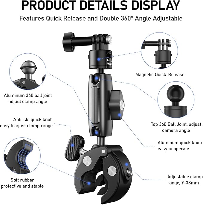TELESIN° S2 Quick Release Clamp Bike Mount Motorcycle Handlebar Holder, Roll Bar Tube Clip Mounting Accessories for GoPro13 12 11 10 9 8 7 Go Pro Max Insta360 X3 X4 X5 Ace Pro DJI Action 3 4 Pocket 3