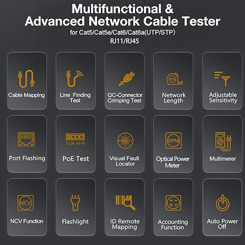 11 In 1 Network Cable Tester with 60000 Digit Multimeter 7 Wavelengths OPM 10Km/10mW VFL 600M Measurable Length 100 Records Tool Kit for CAT5 CAT6 Telephone Ethernet RJ11 RJ45 PoE Wire Tracer NCV,Blue