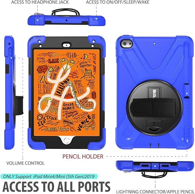 BRAECN iPad mini 5 Case,iPad mini 4 Case, Heavy Duty Shockproof Protective Rugged Case with Pencil Holder,Hand Strap,Kickstand, Shoulder Strap for iPad mini 5th/4th Generation 7.9 Inch for Kids