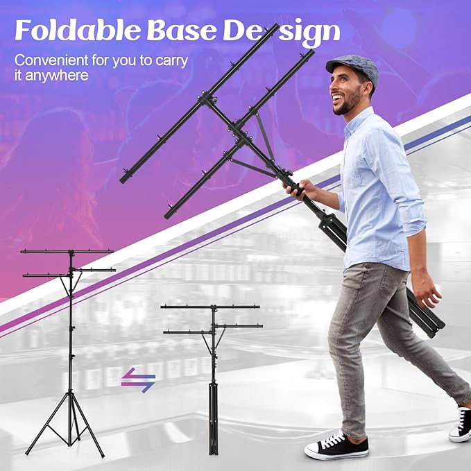 S AFSTAR Pro Audio Tripod, Multi Arm Tripod w/ 6.1-11.5 FT Adjustable Height, Portable T Bar Lighting Stand w/ 100 LBS Capacity, DJ Lighting Stand Suitable for Stage Bar Banquet Party