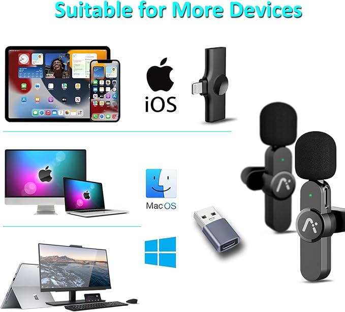 Wireless Lavalier Microphone for iPhone7-14, Wireless Clip Mic, Clip on Microphone A3d, for iPhone, iPad, Computer, Zoom Meeting, Video Recording, tiktok