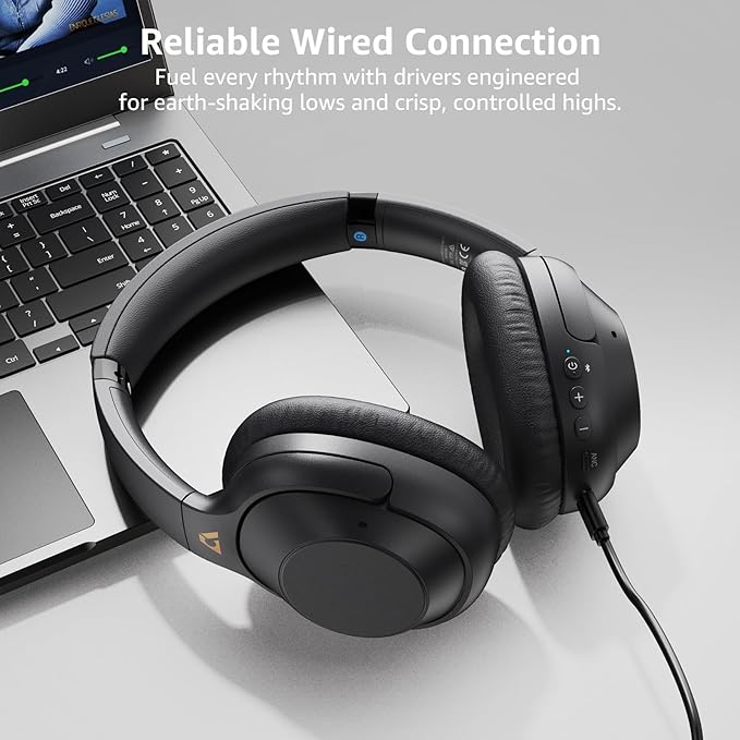 Riibox Y7Pro Hybrid Active Noise Cancelling Headphones, LDAC Hi-Res Audio, 75H Playtime, Deep Bass, Comfort Fit & Foldable Wireless Over-Ear Bluetooth Headphones for Home Office Travel – Black