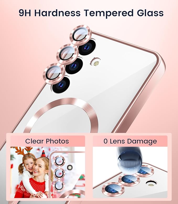 Slim Thin for Samsung Galaxy S25 Case, Compatible with MagSafe, Built-in Camera Lens Protector, Shockproof Protective Phone Case, Soft Electroplated Clear Phone Cover, Rose Gold