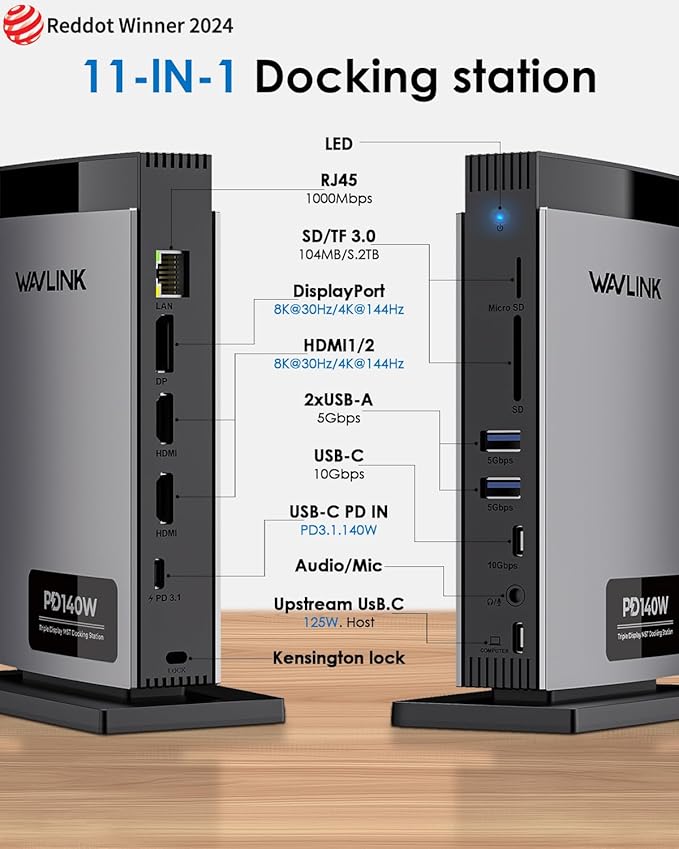 WAVLINK Laptop Docking Station 3 Monitors(Max Resolution: Single 8K or Triple 4K), 11-in-1 USB C Docking Station with 125W PD3.1 Pass-Through & Power Adapter, 2*HDMI + DP, for MacBook M1–M4 & Windows