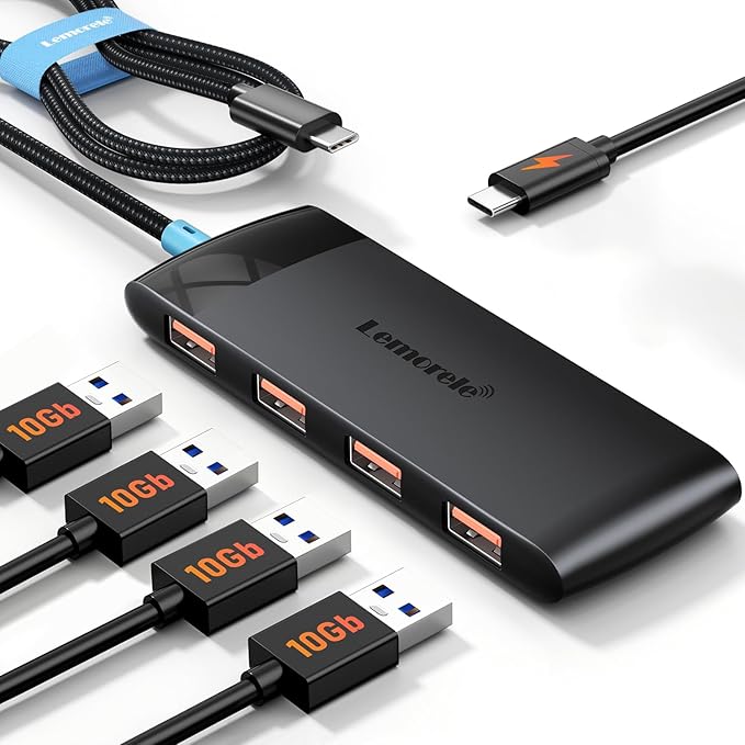 10Gbps USB C Hub, 4 Ports USB 3.2 Splitter for Laptop, USB C to USB Multiport Adapter w/Charging Port, for MacBook Pro/Air, iMac, Surface Pro, Dell, HP, iPad, Samsung, Etc., 0.65ft Cable
