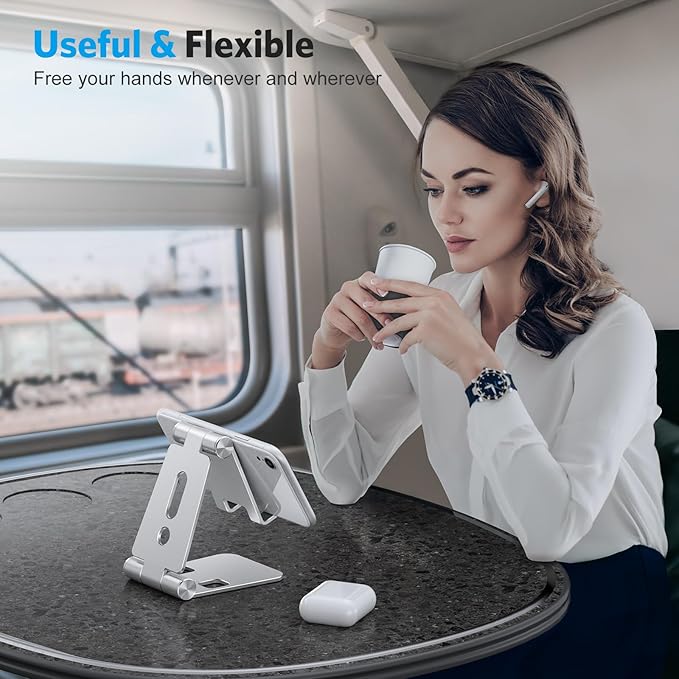OMOTON Foldable Cell Phone Stand, C4 Portable Aluminum Phone Holder, Adjustable Phone Dock Cradle Compatible with iPhone 16/15/14/13 Pro Max, Samsung Galaxy, Small Tablets, All Smart Phones, Silver