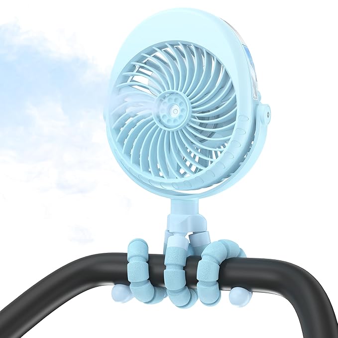 2025 Upgarded 4000mAh Misting Baby Stroller Fan, Rechargeable Battery Operated,Max 15Hrs Cooling,50ml Portable Water Sprayer Misting Fan with Flexible Tripod Clip on Car Seat Crib Treadmill Bunk Bed