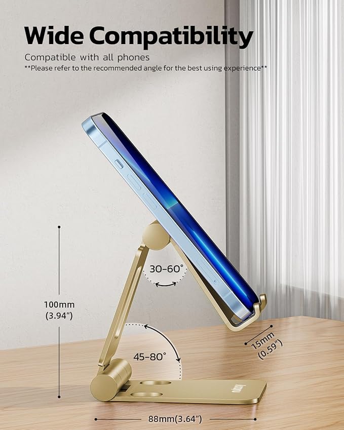 Nulaxy Dual Folding Cell Phone Stand, Fully Adjustable Foldable Desktop Phone Holder Cradle Dock Compatible with iPhone 17 16 15 14 13 12 11 Pro Xs Xs Max Xr X 8, Nintendo Switch, All Phones - Gold