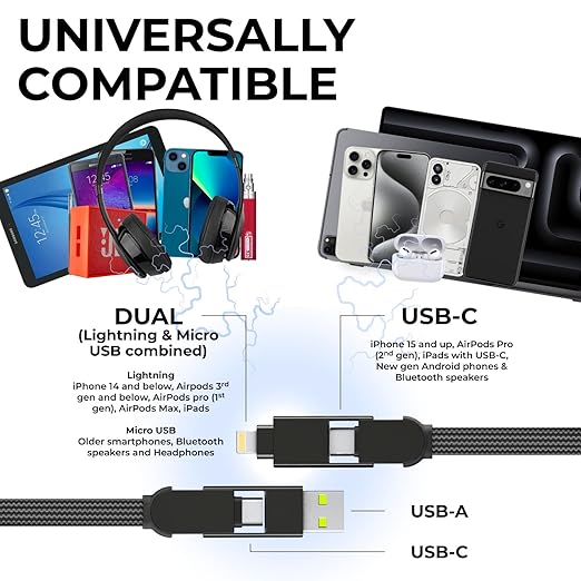 Rolling Square inCharge XL 6-in-1 Multi Charging Cable, Portable USB and USB-C Cable with 100W Ultra-Fast Charging Power, 1 Ft/0.3m, Urban Black